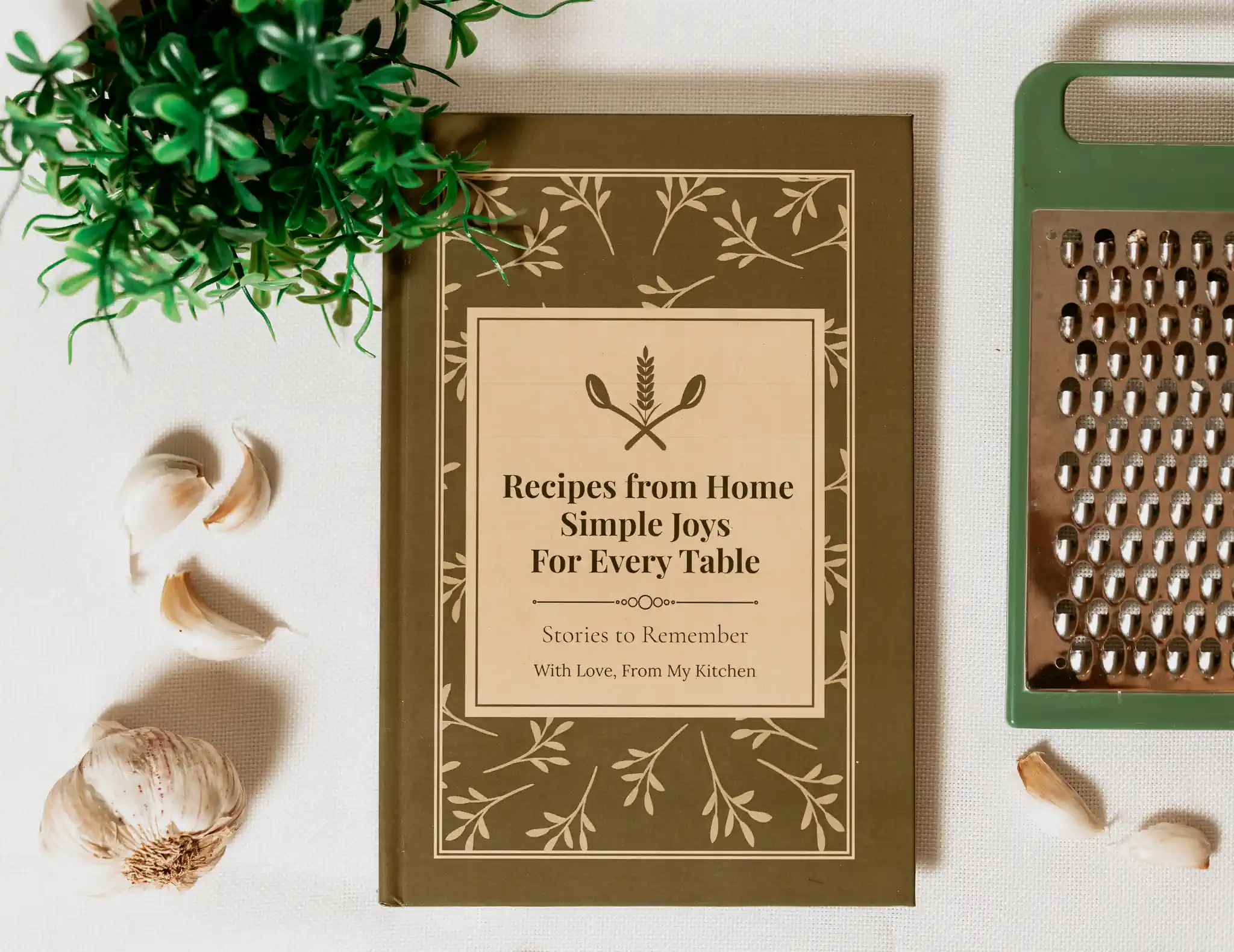 Tasteful Memories cookbook with an olive green cover titled Recipes from Home, Simple Joys For Every Table, on a table with garlic and a cheese grater