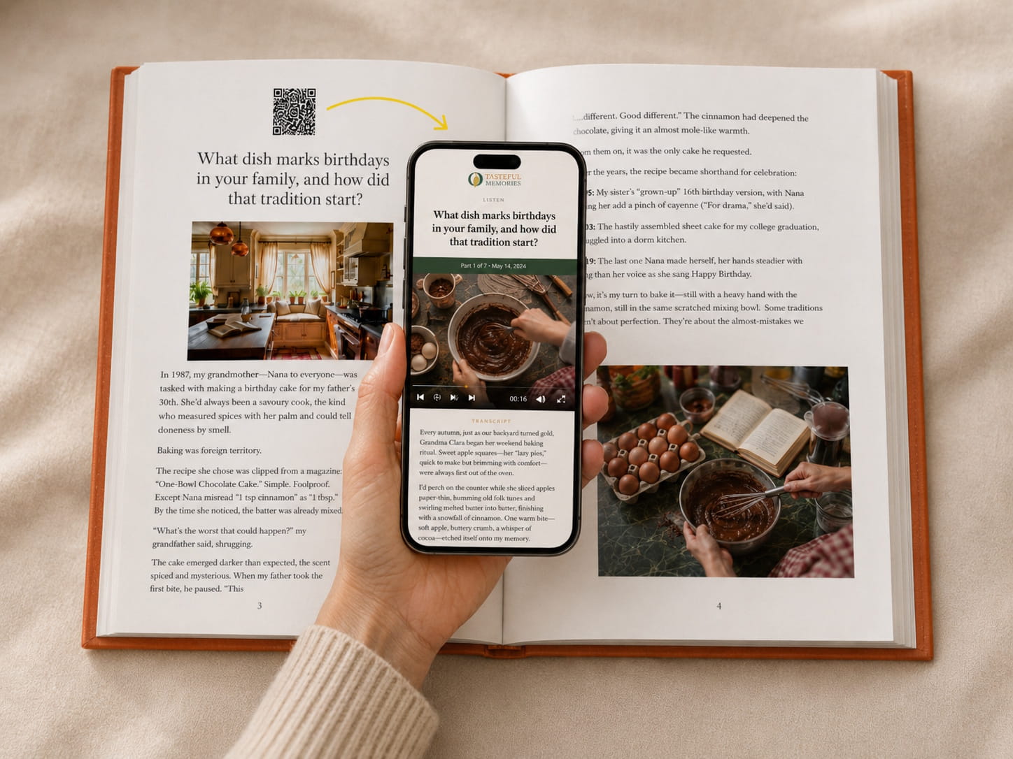 Open family apple tart cookbook with a QR code beside a phone playing the matching cooking video